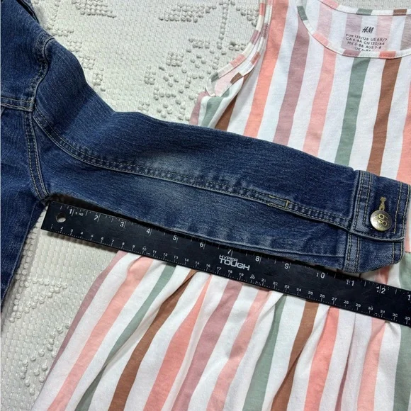 The Children's Place Blue Denim Jacket with Pink, Green & Brown Striped Dress - Picture 13 of 13